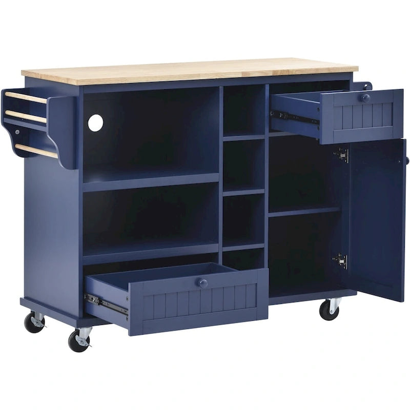 Rubberwood Kitchen Cart with Drop Leaf, Microwave Storage and 2 Drawers