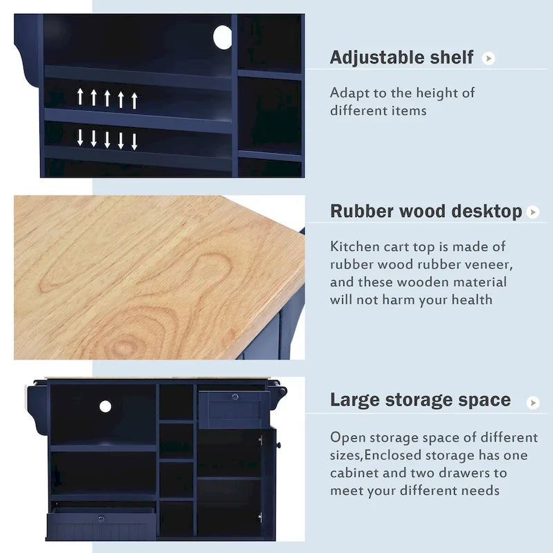 Rubberwood Kitchen Cart with Drop Leaf, Microwave Storage and 2 Drawers