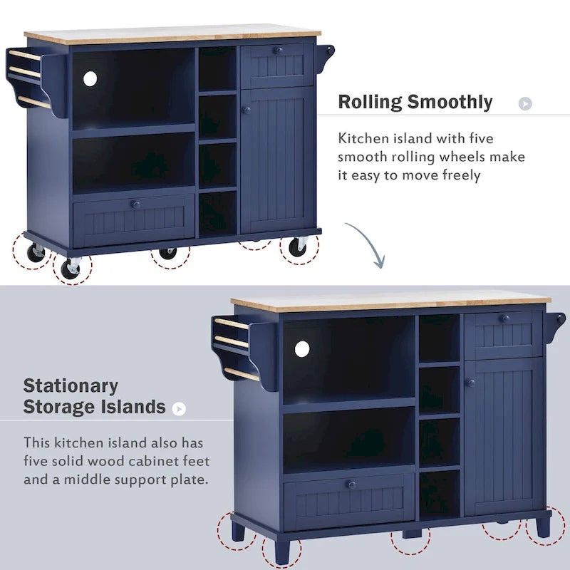 Rubberwood Kitchen Cart with Drop Leaf, Microwave Storage and 2 Drawers