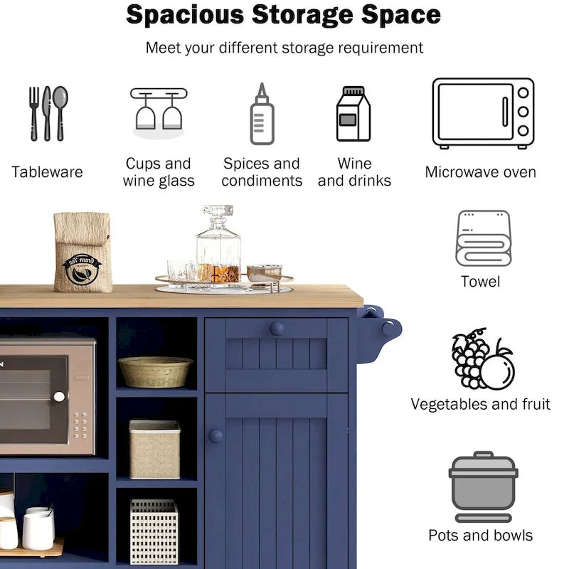 Rubberwood Kitchen Cart with Drop Leaf, Microwave Storage and 2 Drawers