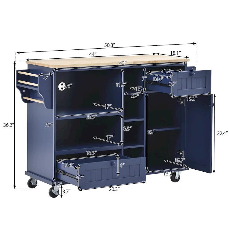 Rubberwood Kitchen Cart with Drop Leaf, Microwave Storage and 2 Drawers