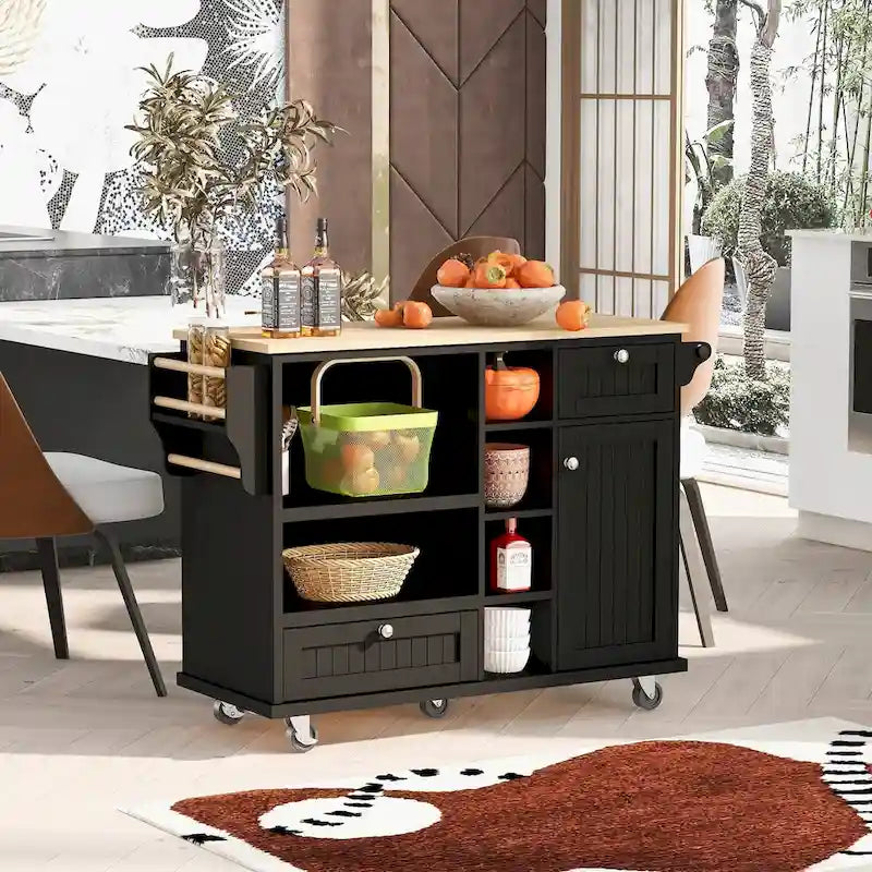 Rubberwood Kitchen Cart with Drop Leaf, Microwave Storage and 2 Drawers
