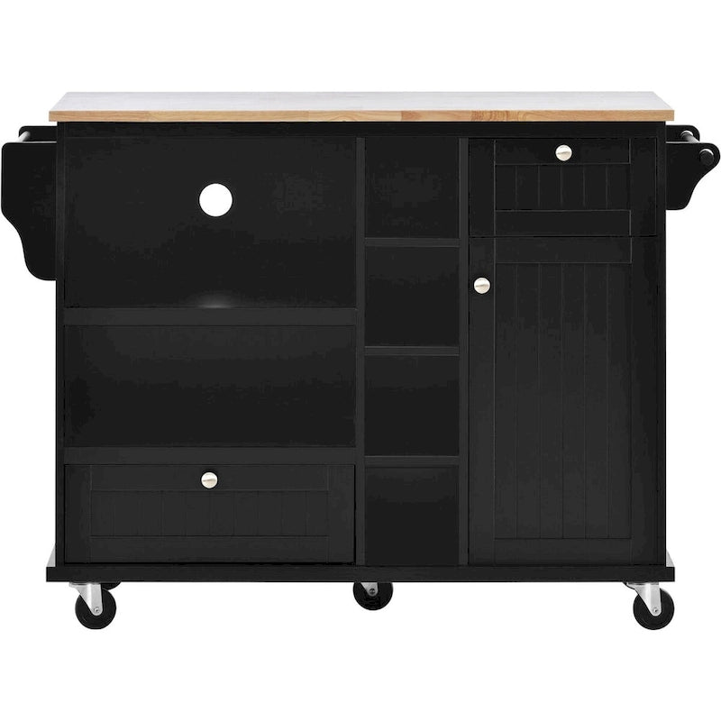 Rubberwood Kitchen Cart with Drop Leaf, Microwave Storage and 2 Drawers