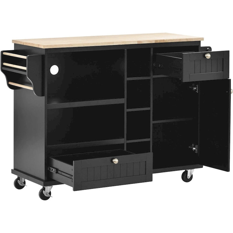 Rubberwood Kitchen Cart with Drop Leaf, Microwave Storage and 2 Drawers