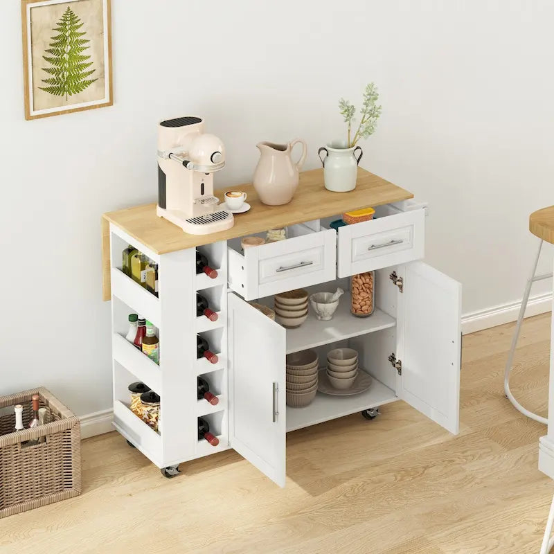 Rolling Kitchen Island Cart with Foldable Rubberwood Top and Storage
