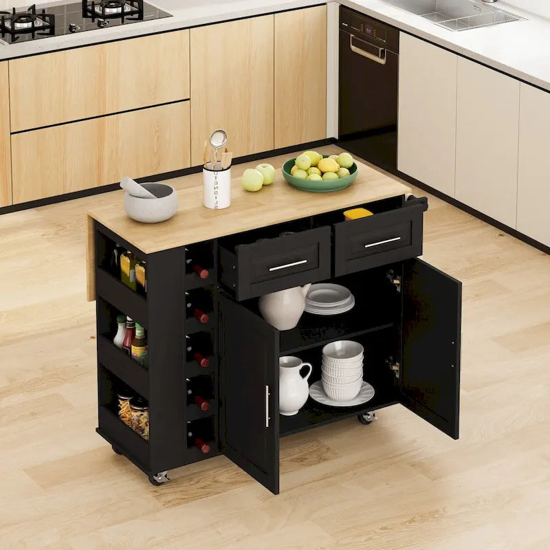 Rolling Kitchen Island Cart with Foldable Rubberwood Top and Storage