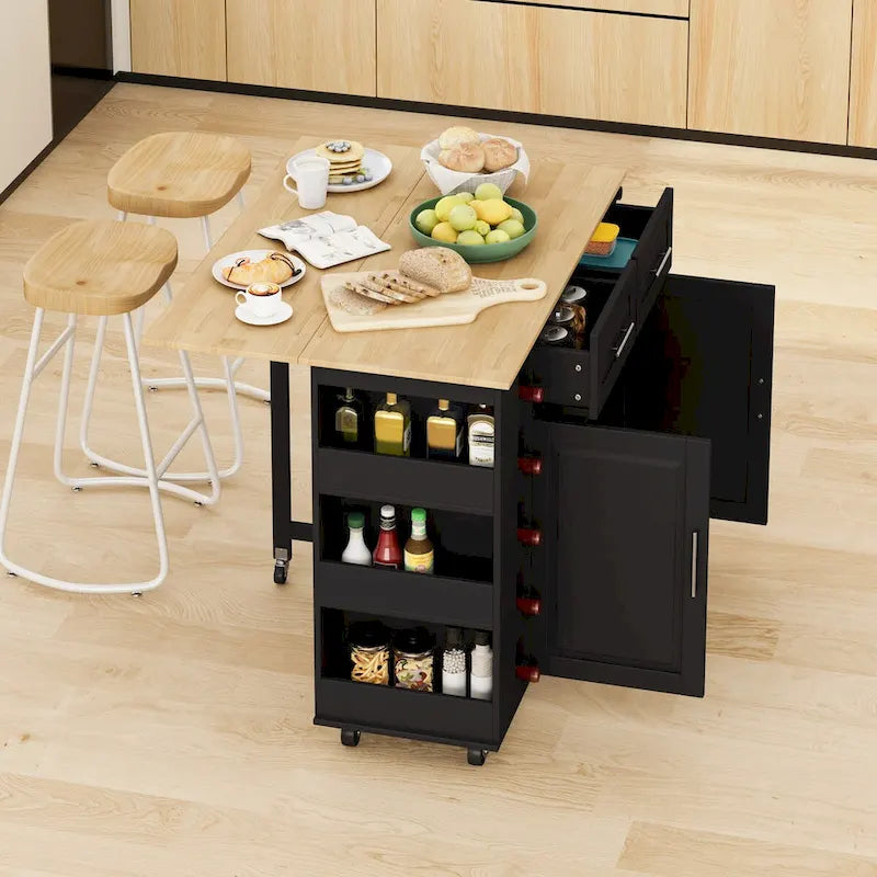 Rolling Kitchen Island Cart with Foldable Rubberwood Top and Storage