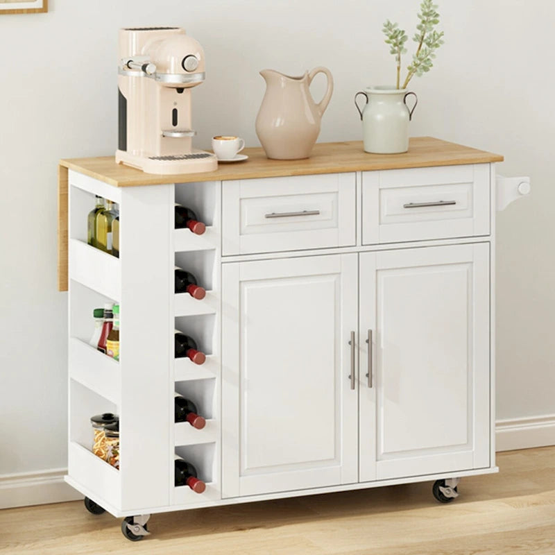 Rolling Kitchen Island Cart with Foldable Rubberwood Top and Storage