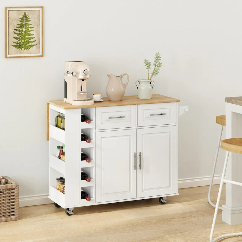 Rolling Kitchen Island Cart with Foldable Rubberwood Top and Storage