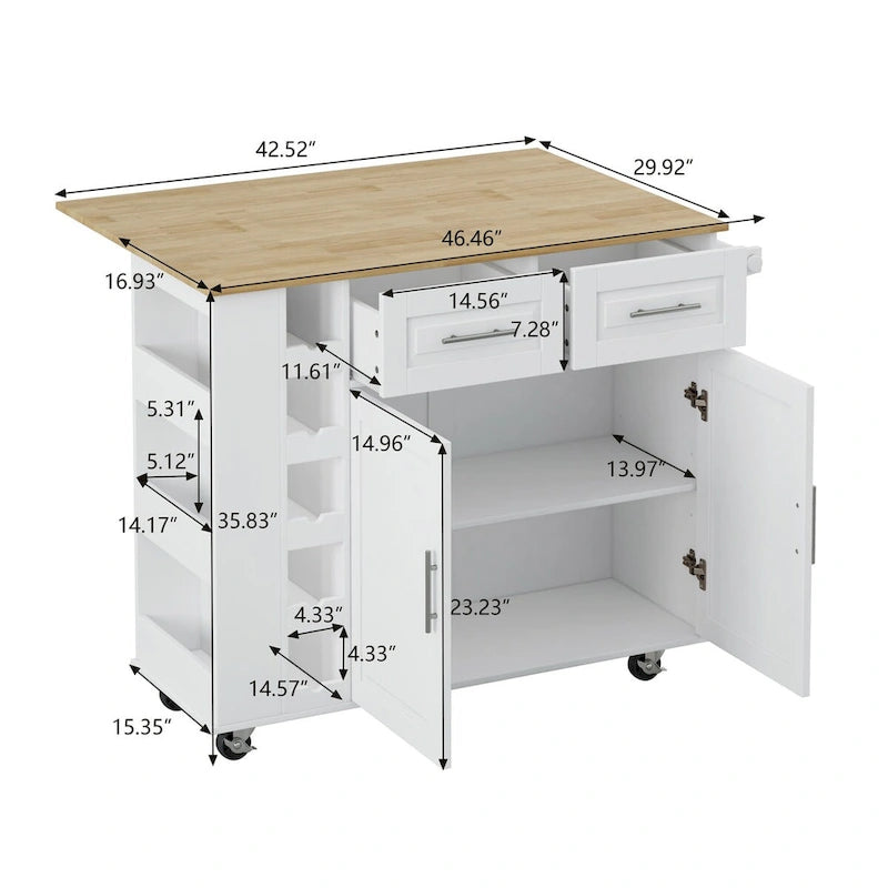 Rolling Kitchen Island Cart with Foldable Rubberwood Top and Storage