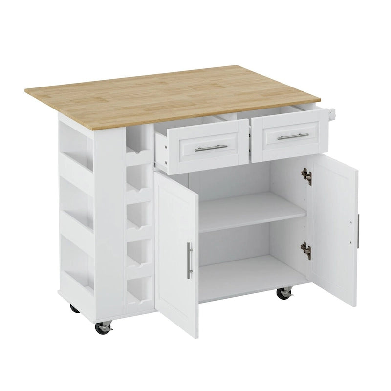 Rolling Kitchen Island Cart with Foldable Rubberwood Top and Storage