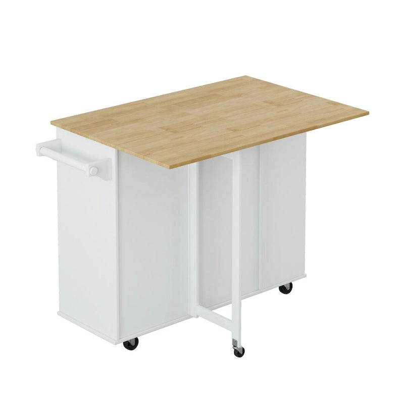 Rolling Kitchen Island Cart with Foldable Rubberwood Top and Storage