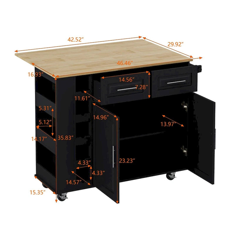 Rolling Kitchen Island Cart with Foldable Rubberwood Top and Storage