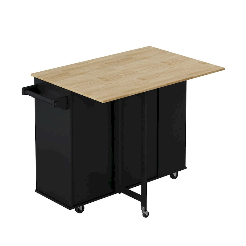 Rolling Kitchen Island Cart with Foldable Rubberwood Top and Storage