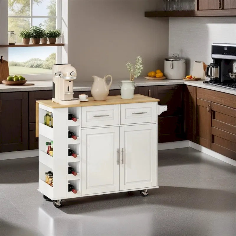Kitchen Island Cart with Two-Door Cabinet and Wine Rack