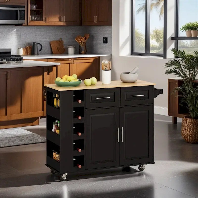Kitchen Island Cart with Two-Door Cabinet and Wine Rack