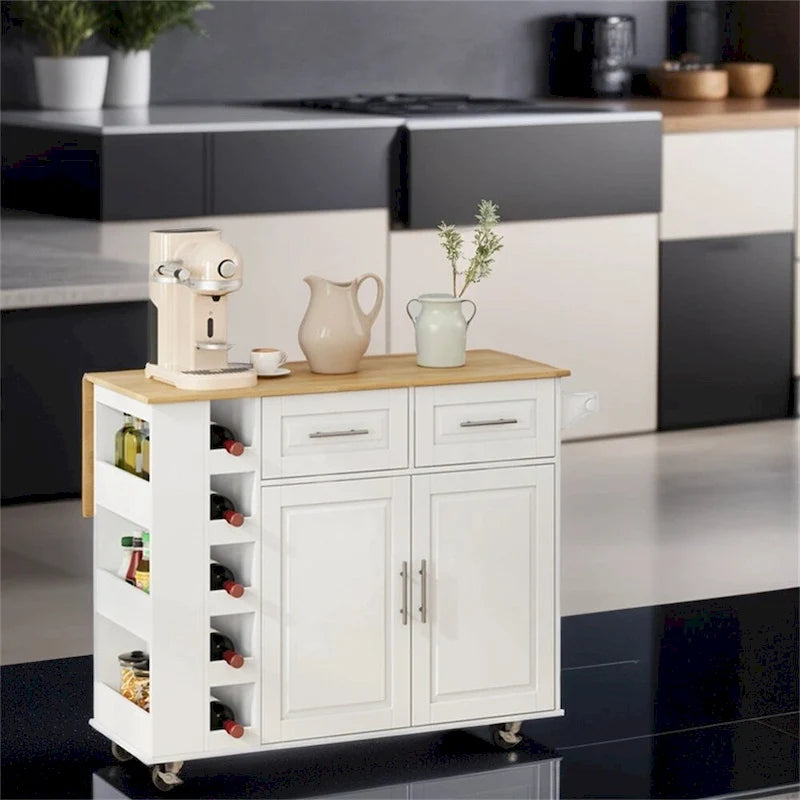 Kitchen Island Cart with Two-Door Cabinet and Wine Rack