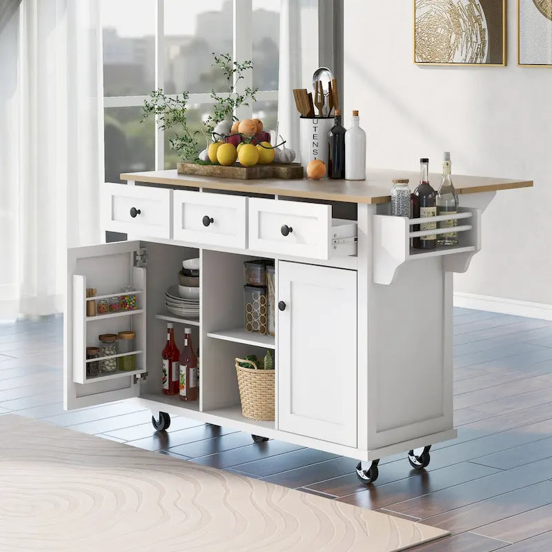 White Kitchen Cart with Rubberwood Drop-Leaf Countertop and 3 Drawers
