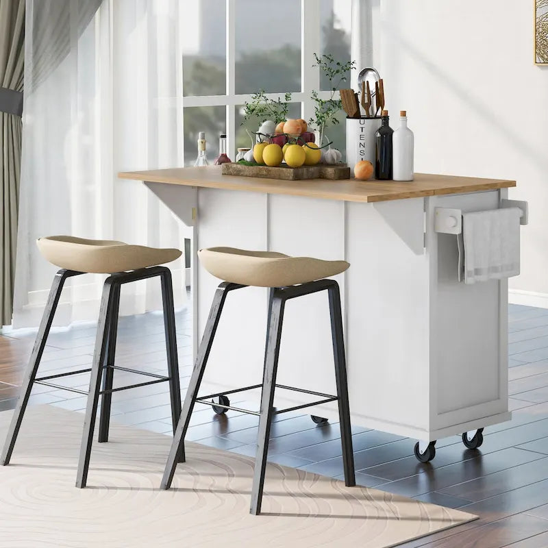 White Kitchen Cart with Rubberwood Drop-Leaf Countertop and 3 Drawers