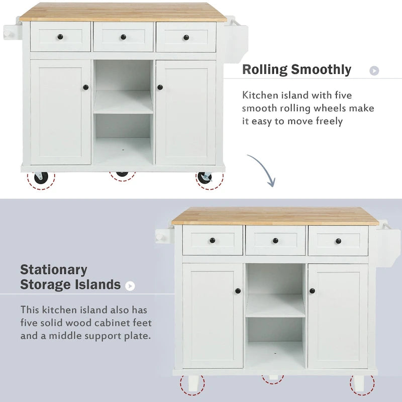White Kitchen Cart with Rubberwood Drop-Leaf Countertop and 3 Drawers