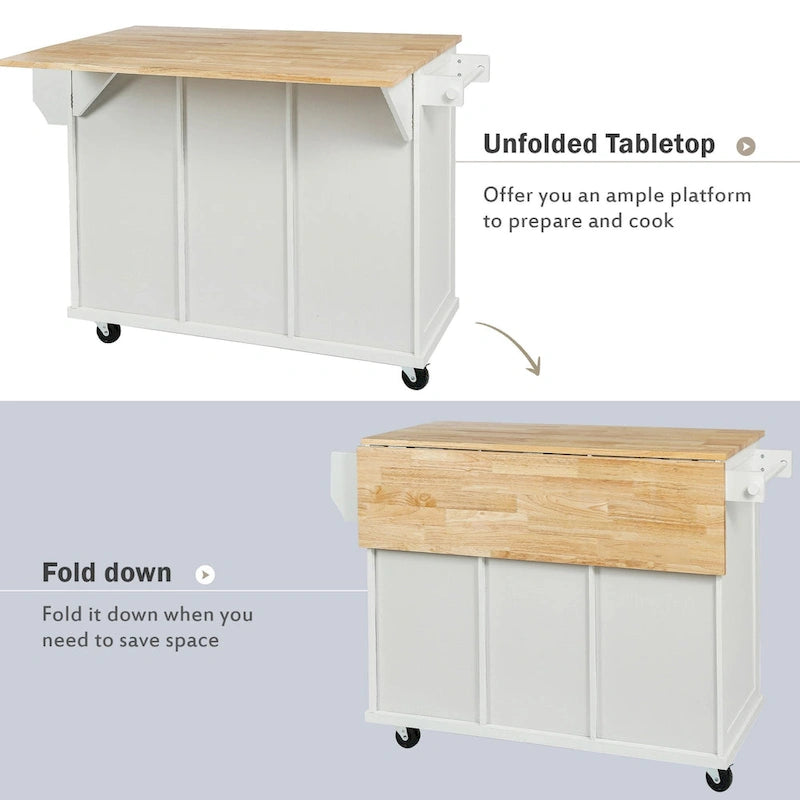 White Kitchen Cart with Rubberwood Drop-Leaf Countertop and 3 Drawers