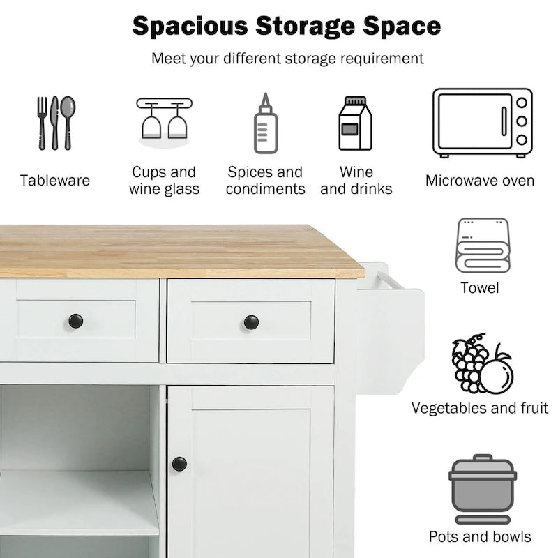 White Kitchen Cart with Rubberwood Drop-Leaf Countertop and 3 Drawers