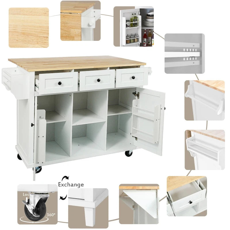 White Kitchen Cart with Rubberwood Drop-Leaf Countertop and 3 Drawers