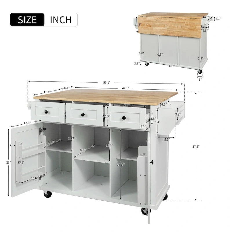 White Kitchen Cart with Rubberwood Drop-Leaf Countertop and 3 Drawers
