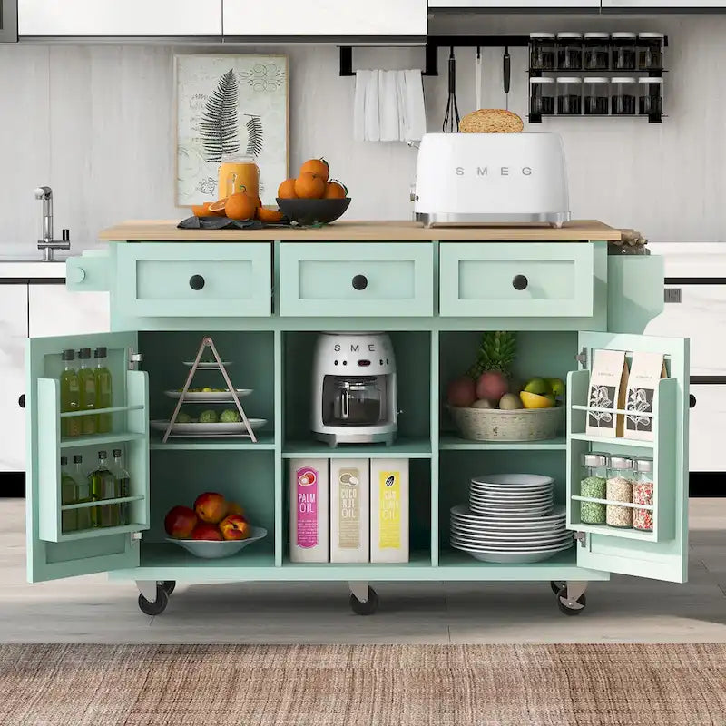 White Kitchen Cart with Rubberwood Drop-Leaf Countertop and 3 Drawers