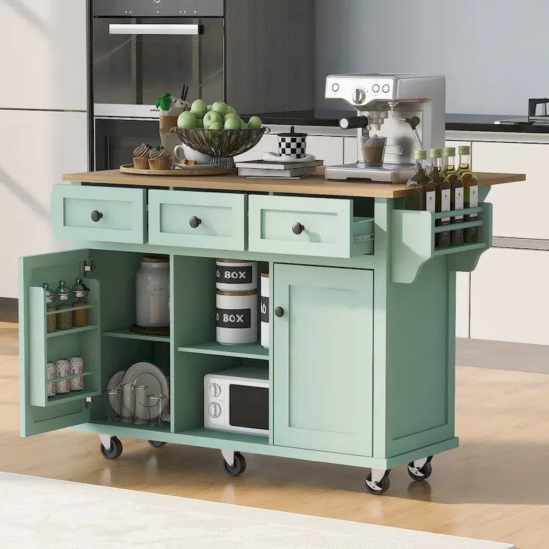 White Kitchen Cart with Rubberwood Drop-Leaf Countertop and 3 Drawers