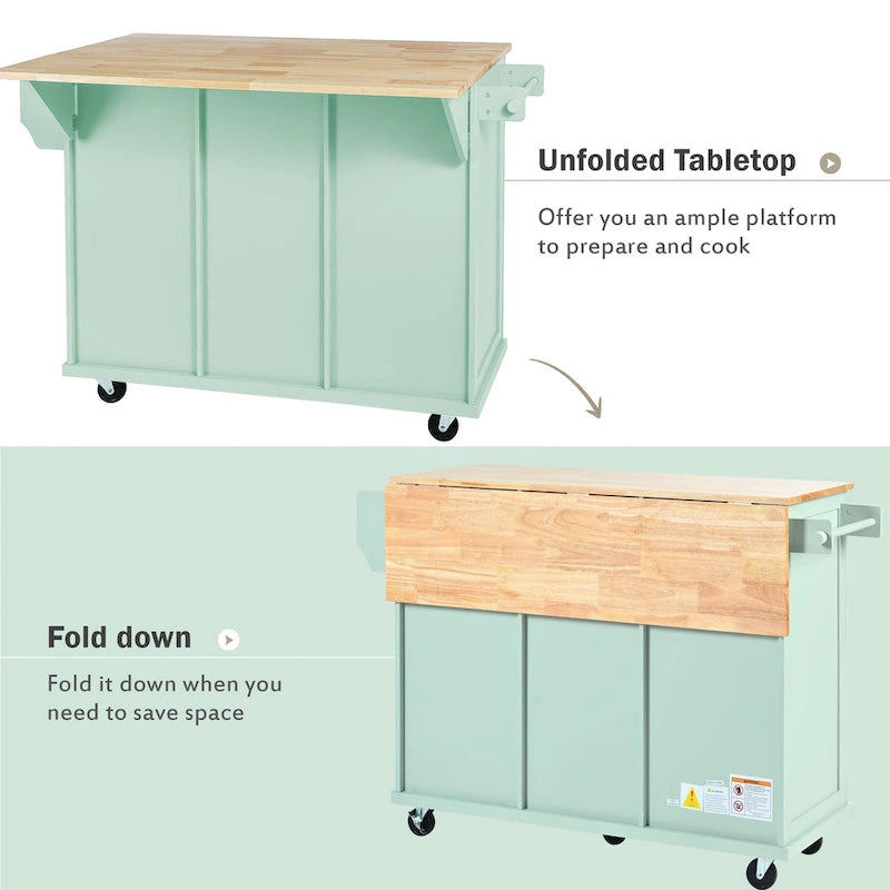 White Kitchen Cart with Rubberwood Drop-Leaf Countertop and 3 Drawers
