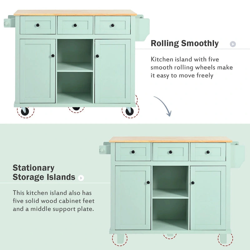 White Kitchen Cart with Rubberwood Drop-Leaf Countertop and 3 Drawers