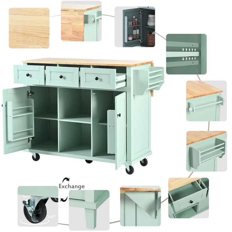 White Kitchen Cart with Rubberwood Drop-Leaf Countertop and 3 Drawers