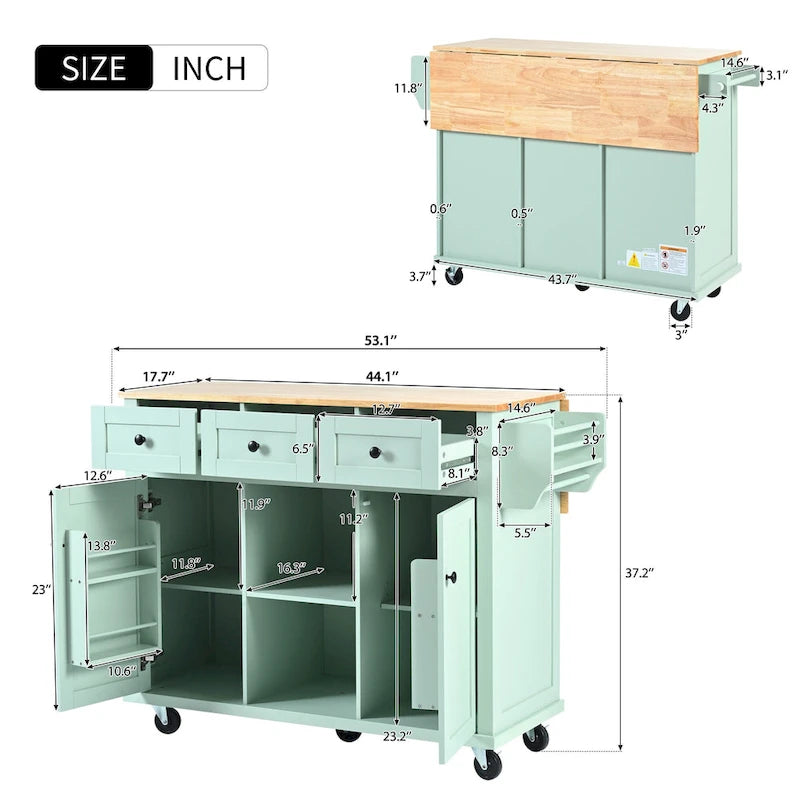 White Kitchen Cart with Rubberwood Drop-Leaf Countertop and 3 Drawers
