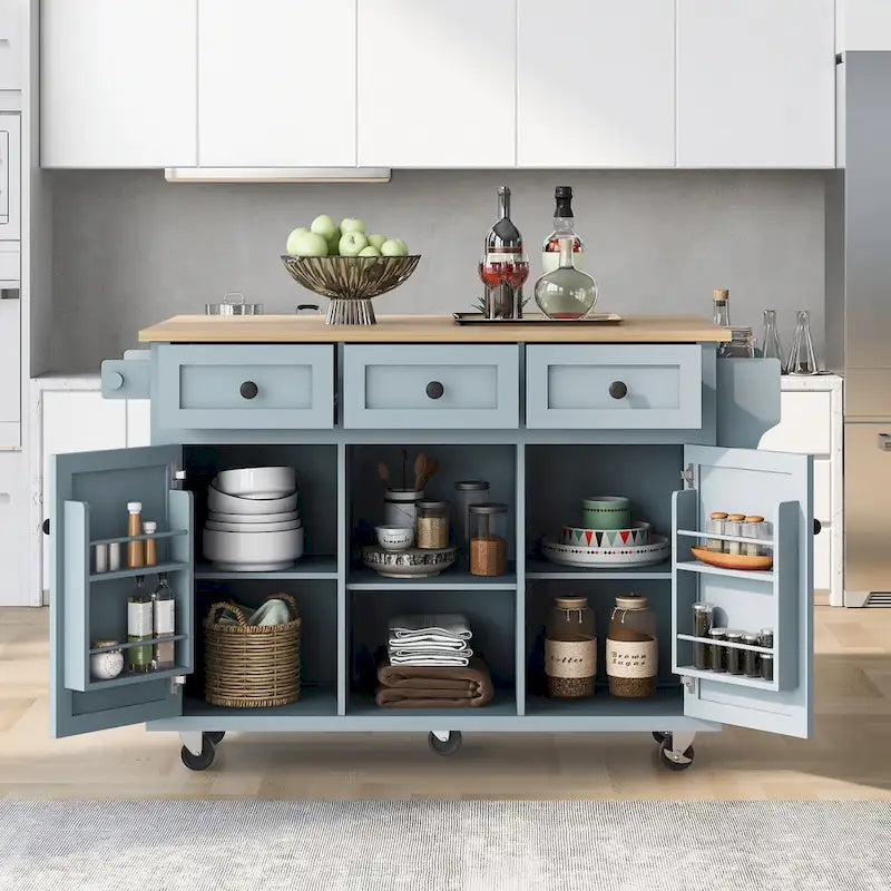 White Kitchen Cart with Rubberwood Drop-Leaf Countertop and 3 Drawers