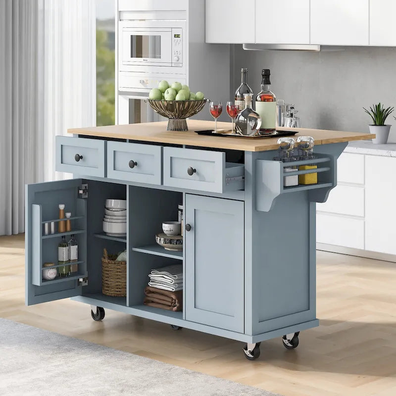 White Kitchen Cart with Rubberwood Drop-Leaf Countertop and 3 Drawers