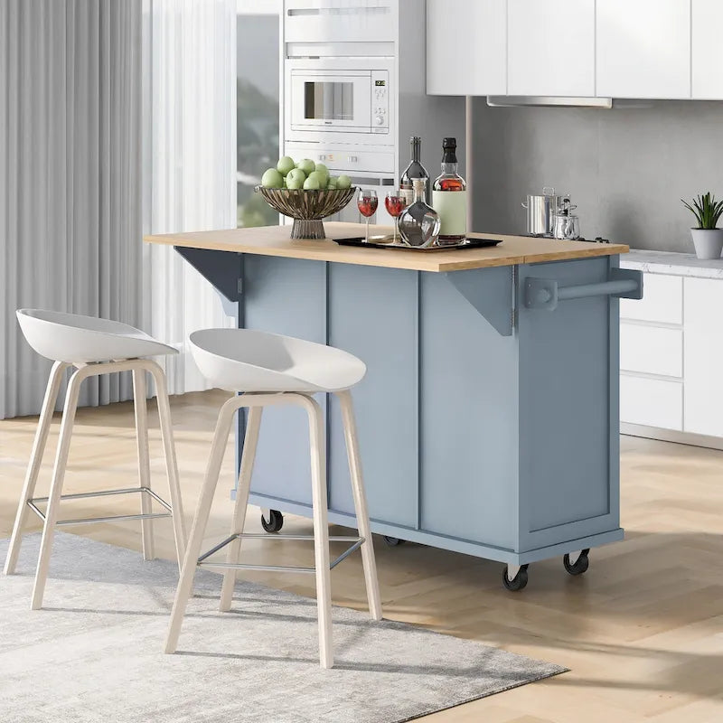 White Kitchen Cart with Rubberwood Drop-Leaf Countertop and 3 Drawers