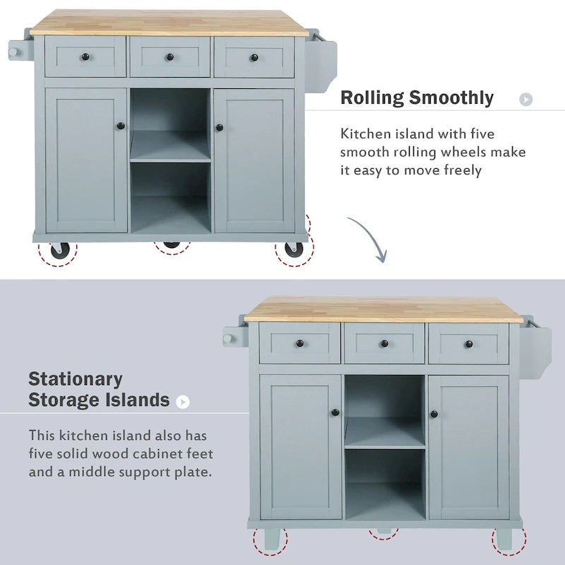 White Kitchen Cart with Rubberwood Drop-Leaf Countertop and 3 Drawers
