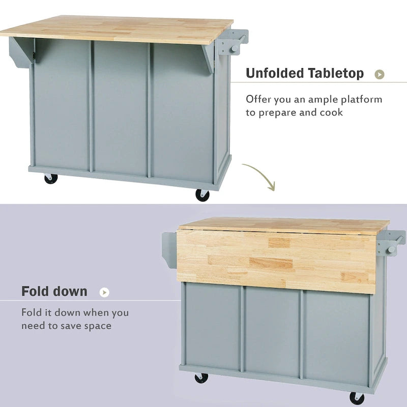 White Kitchen Cart with Rubberwood Drop-Leaf Countertop and 3 Drawers