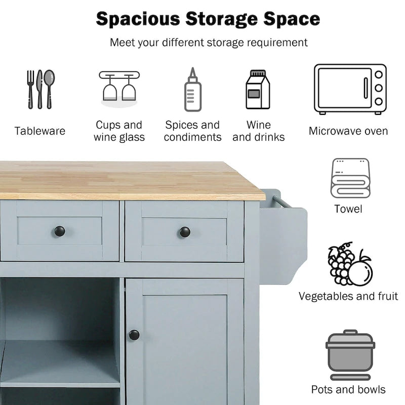 White Kitchen Cart with Rubberwood Drop-Leaf Countertop and 3 Drawers