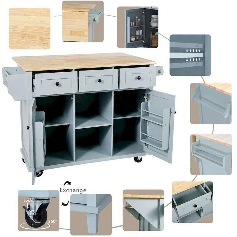 White Kitchen Cart with Rubberwood Drop-Leaf Countertop and 3 Drawers