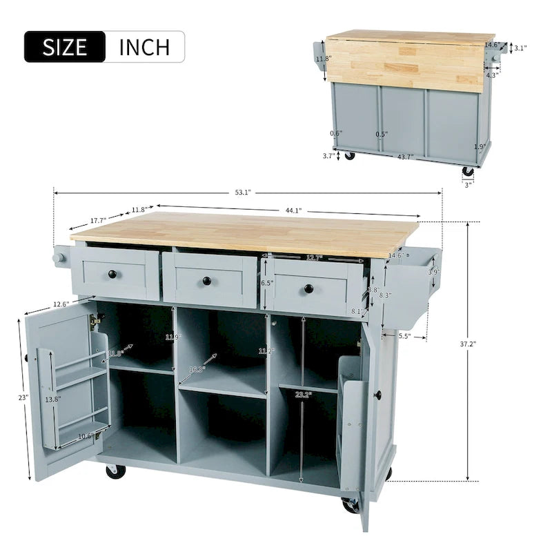 White Kitchen Cart with Rubberwood Drop-Leaf Countertop and 3 Drawers