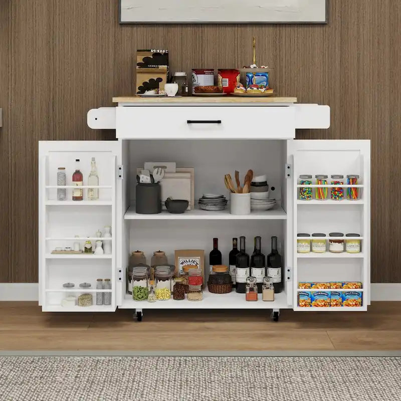 Rolling Kitchen Island Cart with Storage and Rubber Wood Top