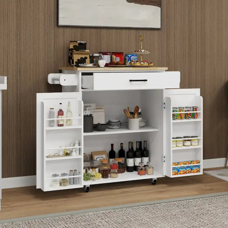 Rolling Kitchen Island Cart with Storage and Rubber Wood Top