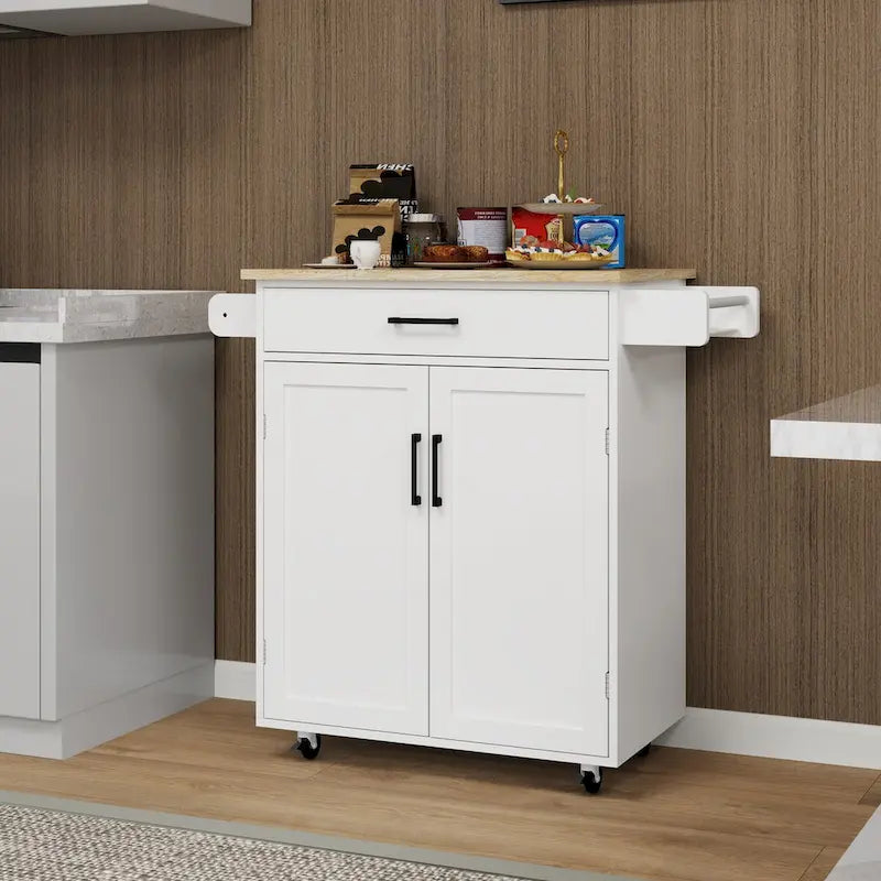 Rolling Kitchen Island Cart with Storage and Rubber Wood Top