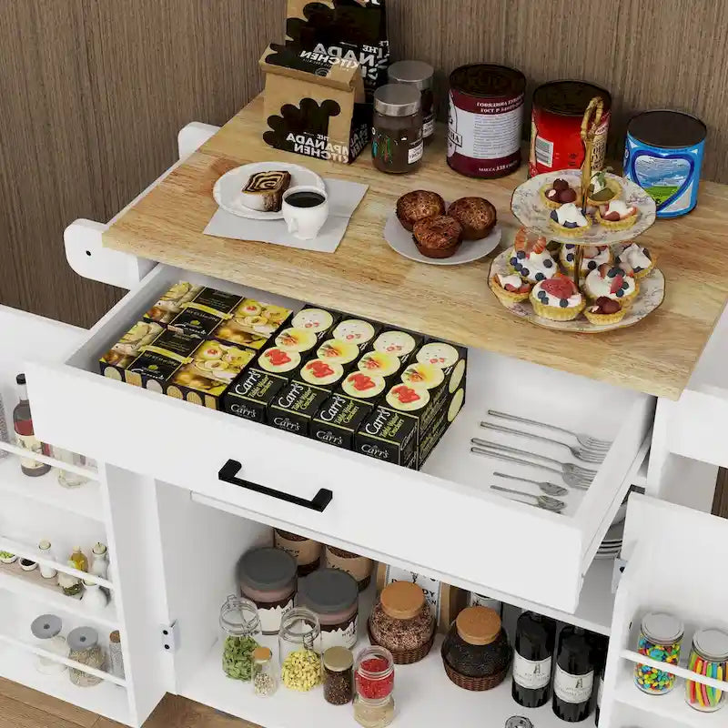 Rolling Kitchen Island Cart with Storage and Rubber Wood Top