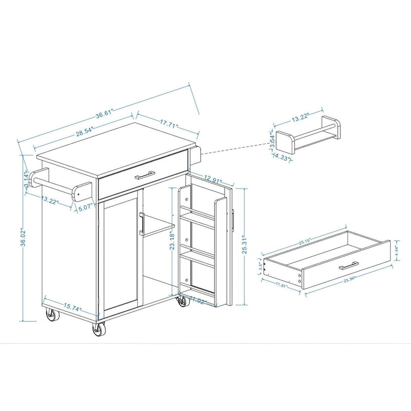 Rolling Kitchen Island Cart with Storage and Rubber Wood Top