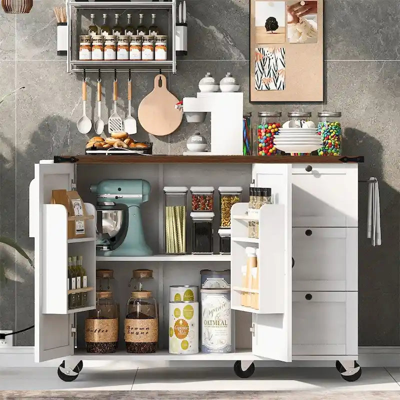 54.5-Inch Rolling Kitchen Island with Drop Leaf, Storage and Power Outlets