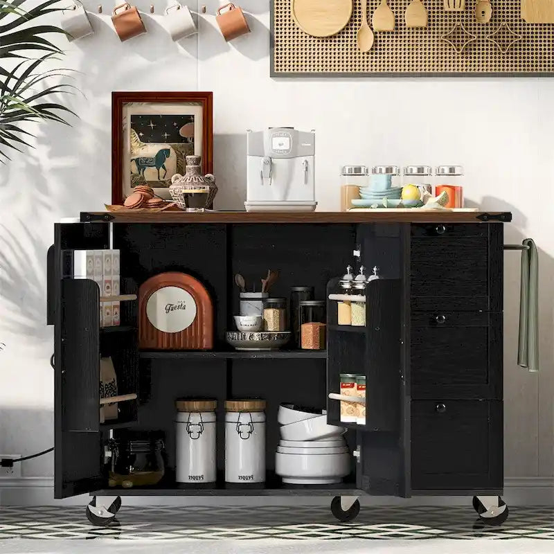 54.5-Inch Rolling Kitchen Island with Drop Leaf, Storage and Power Outlets