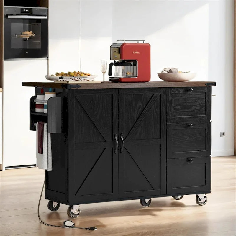 54.5-Inch Rolling Kitchen Island with Drop Leaf, Storage and Power Outlets